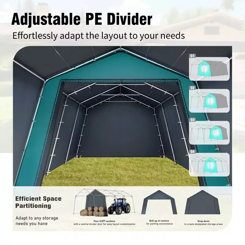 Abri de stockage extérieur portable - Deux tentes de garage spacieuses avec portes à glissière enroulables sont disponibles.