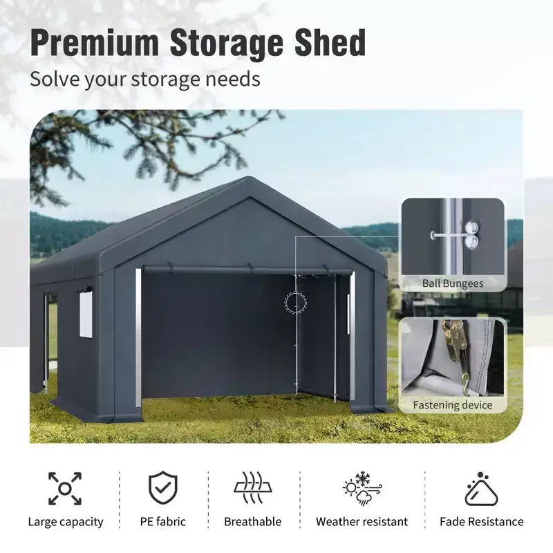 Abri de stockage extérieur portable - Deux tentes de garage spacieuses avec portes à glissière enroulables sont disponibles.