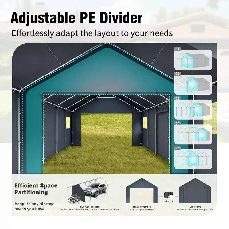 Abri de stockage extérieur portable - Deux tentes de garage spacieuses avec portes à glissière enroulables sont disponibles.