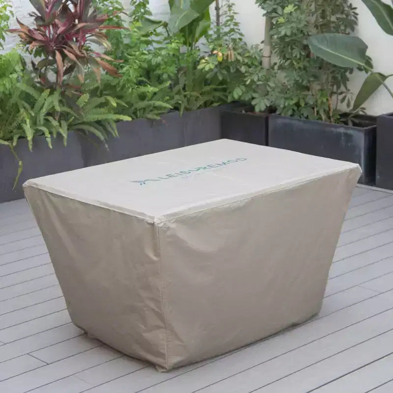 Housse rectangulaire pour brasero de table, imperméable et résistante aux UV, adaptée aux terrasses, balcons ou porches extérieurs.