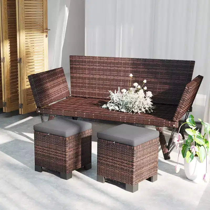 Repose-Pieds d'Extérieur en Osier avec Coussin, Trois-en-un