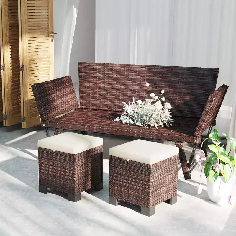 Repose-Pieds d'Extérieur en Osier avec Coussin, Trois-en-un