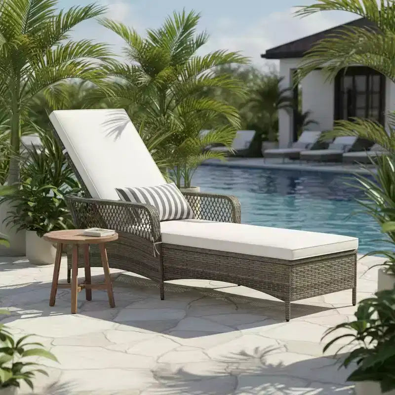 Chaise longue d'extérieur en rotin PE, 6 positions réglables, avec accoudoirs