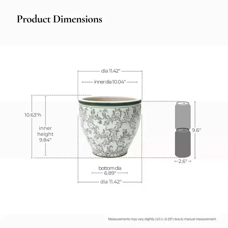 Pot de fleurs en céramique vert à motifs, rond, adapté à une utilisation intérieure et extérieure.