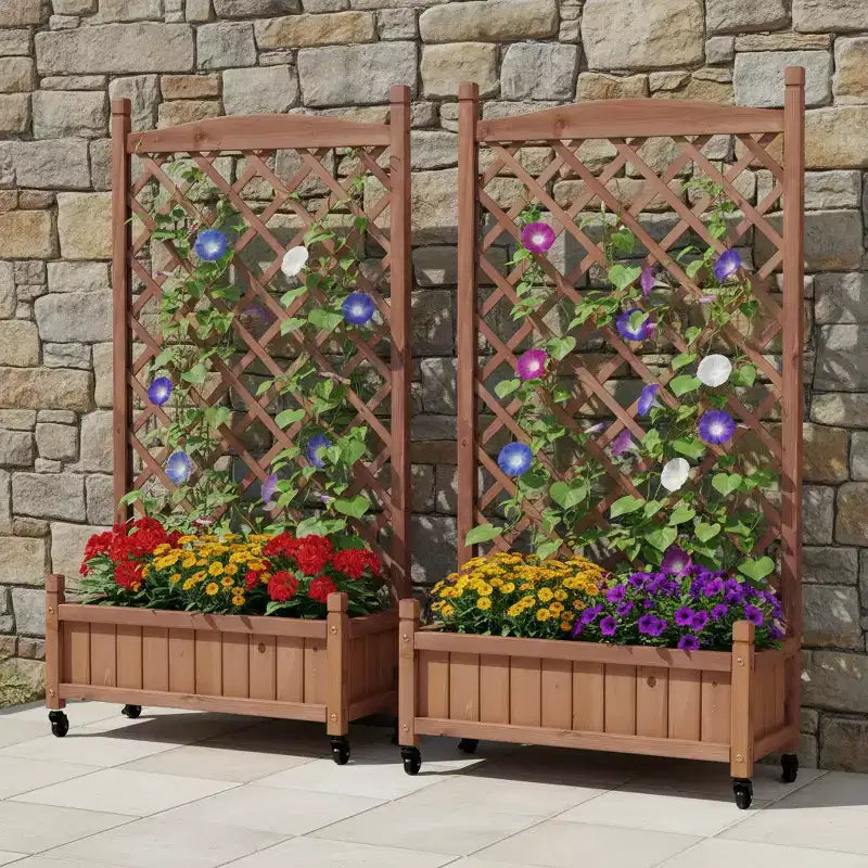 Carrés potagers surélevés avec supports pour plantes, jardinières extérieures en bois et treillages pour plantes grimpantes avec cadres d'escalade.