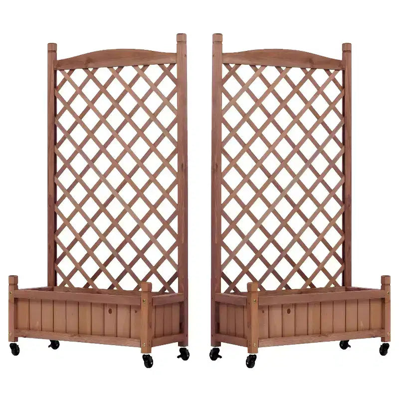 Carrés potagers surélevés avec supports pour plantes, jardinières extérieures en bois et treillages pour plantes grimpantes avec cadres d'escalade.