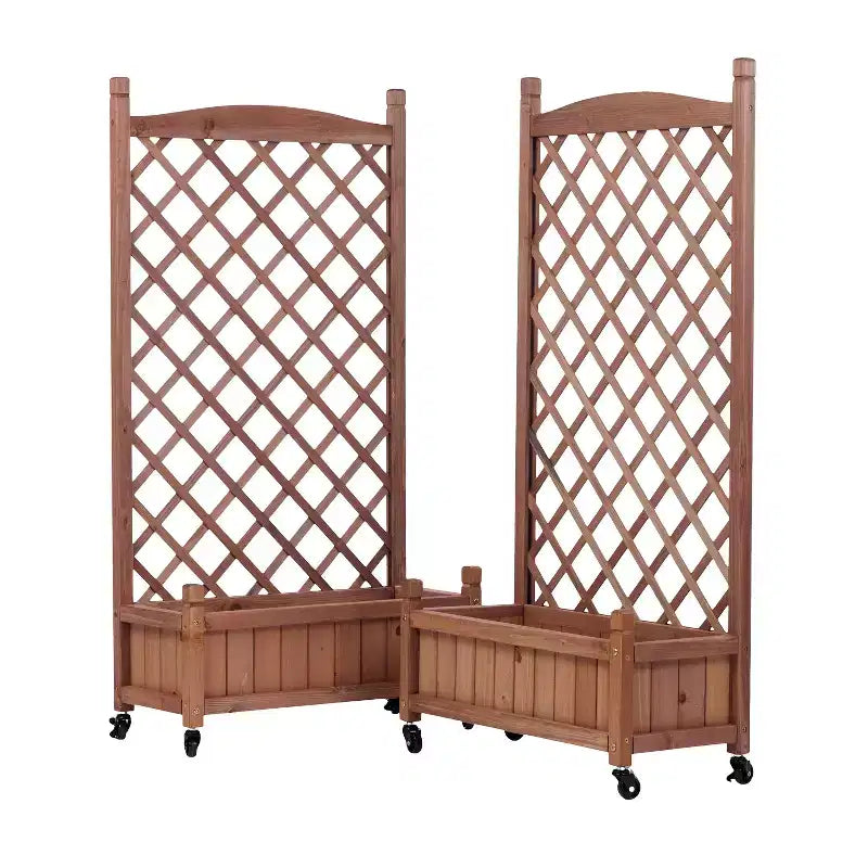 Carrés potagers surélevés avec supports pour plantes, jardinières extérieures en bois et treillages pour plantes grimpantes avec cadres d'escalade.