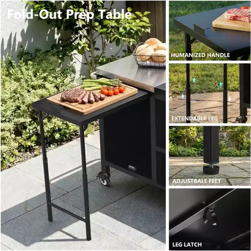 Chariot de Barbecue d'Extérieur Spacieux, Îlot de Cuisine avec Comptoir en Acier Inoxydable, Table Pliante et Armoires de Rangement