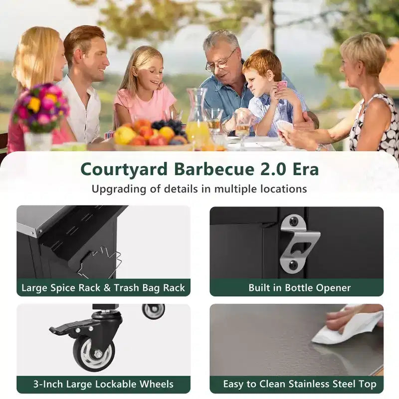 Chariot de Barbecue d'Extérieur Spacieux, Îlot de Cuisine avec Comptoir en Acier Inoxydable, Table Pliante et Armoires de Rangement