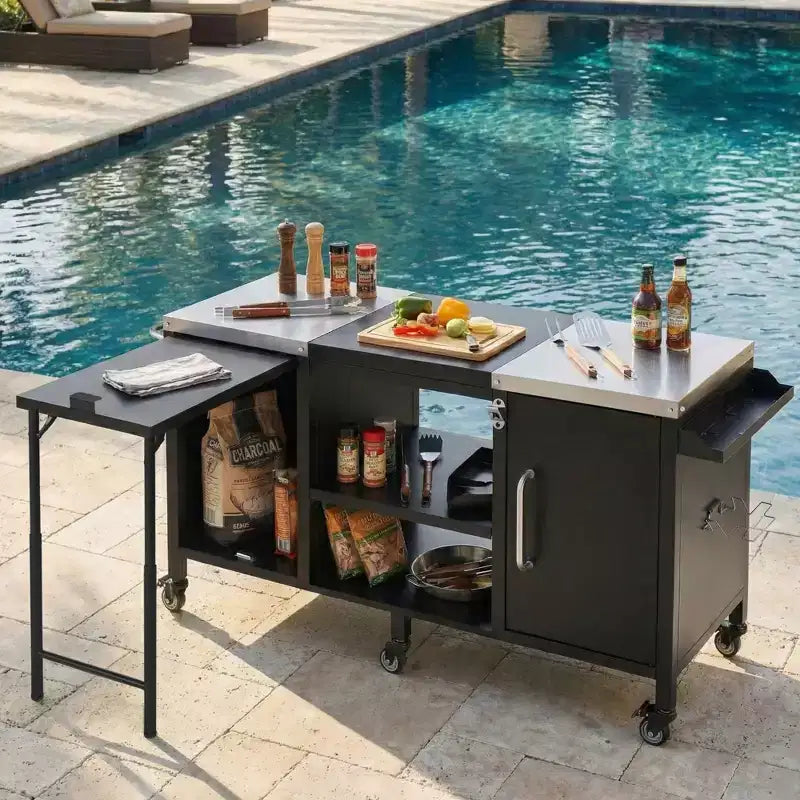 Chariot de Barbecue d'Extérieur Spacieux, Îlot de Cuisine avec Comptoir en Acier Inoxydable, Table Pliante et Armoires de Rangement