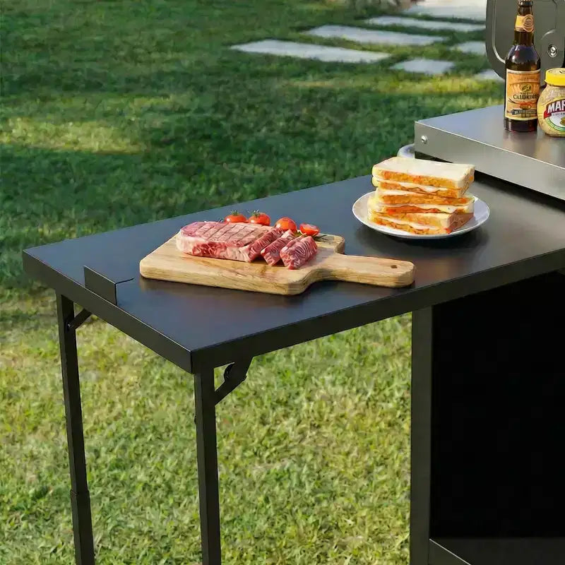 Chariot de Barbecue d'Extérieur Spacieux, Îlot de Cuisine avec Comptoir en Acier Inoxydable, Table Pliante et Armoires de Rangement