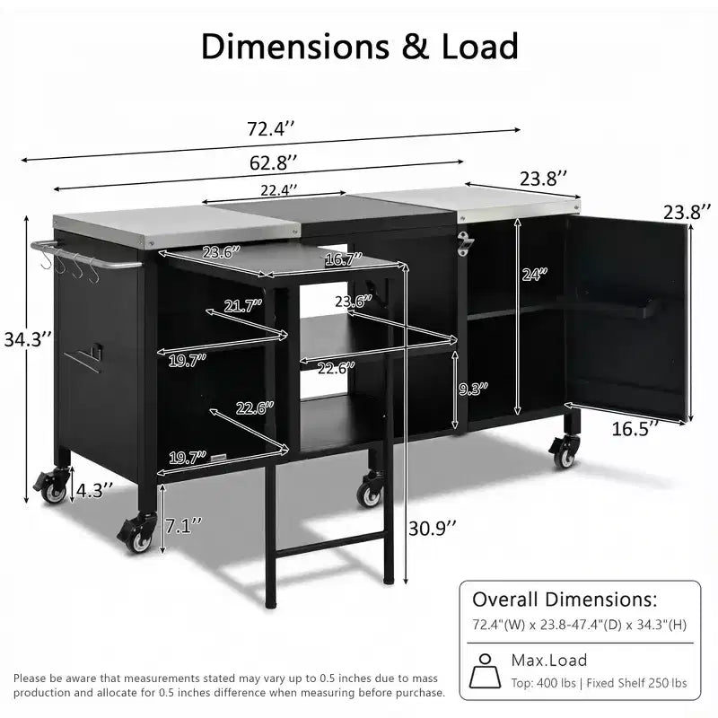 Chariot de Barbecue d'Extérieur Spacieux, Îlot de Cuisine avec Comptoir en Acier Inoxydable, Table Pliante et Armoires de Rangement