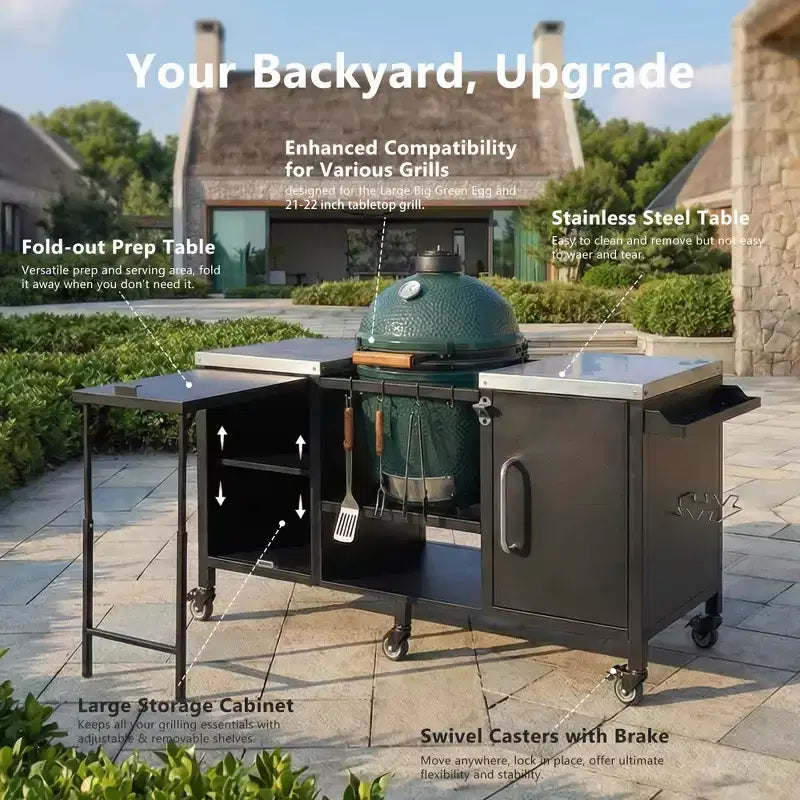 Chariot de Barbecue d'Extérieur Spacieux, Îlot de Cuisine avec Comptoir en Acier Inoxydable, Table Pliante et Armoires de Rangement