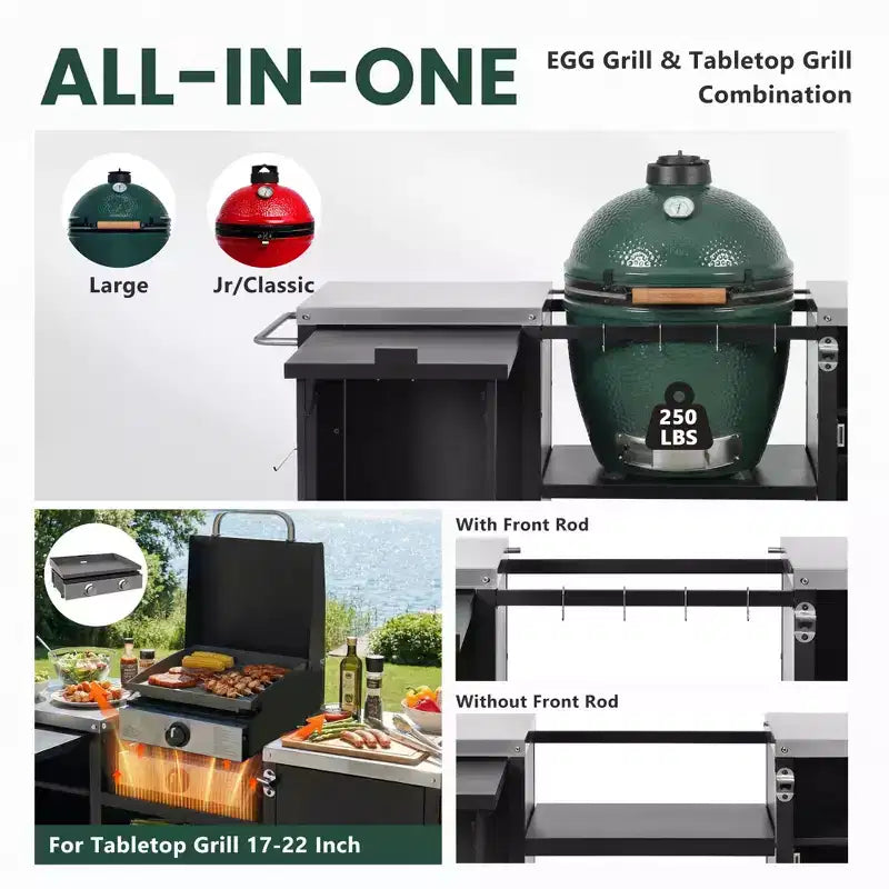 Chariot de Barbecue d'Extérieur Spacieux, Îlot de Cuisine avec Comptoir en Acier Inoxydable, Table Pliante et Armoires de Rangement