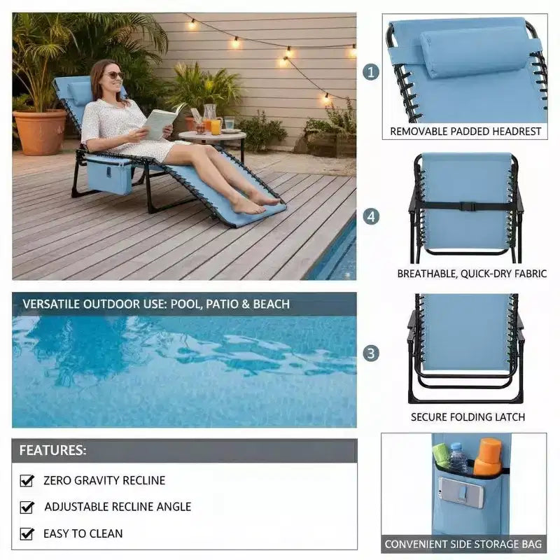 Chaise de plage pliable avec ouverture, oreiller et poches latérales