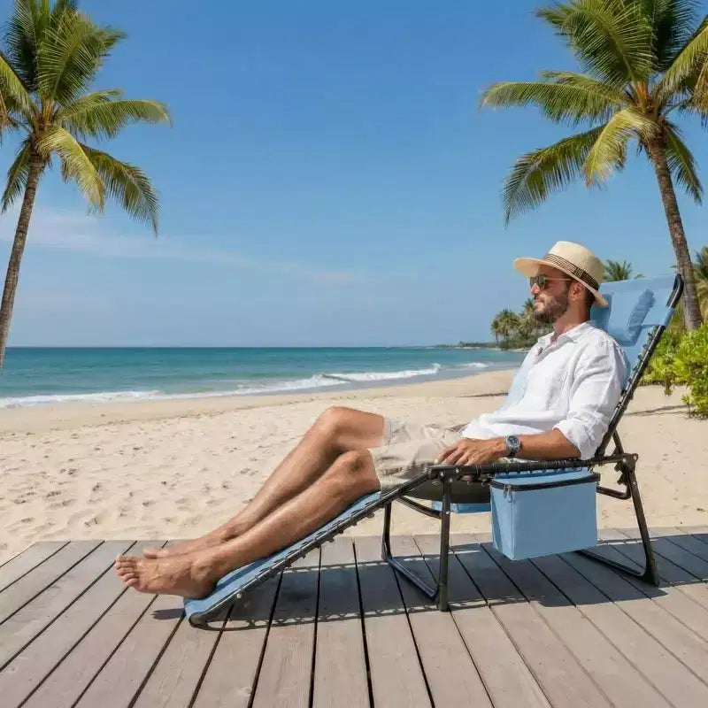 Chaise de plage pliable avec ouverture, oreiller et poches latérales