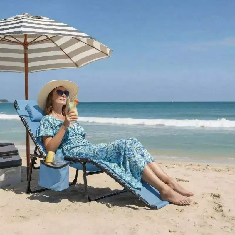 Chaise de plage pliable avec ouverture, oreiller et poches latérales