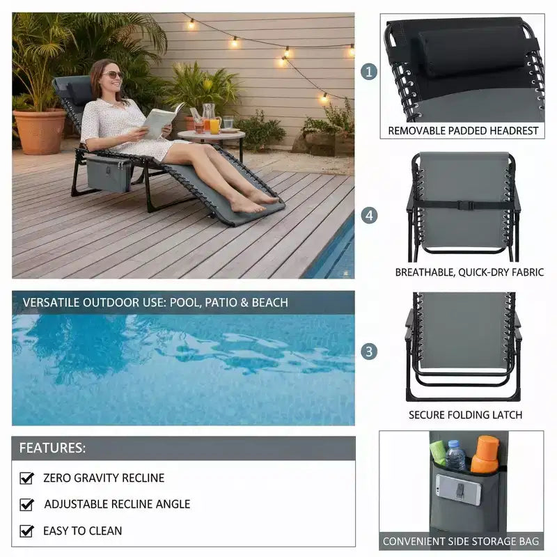 Chaise de plage pliable avec ouverture, oreiller et poches latérales