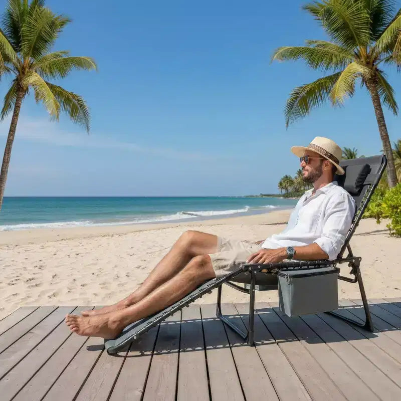 Chaise de plage pliable avec ouverture, oreiller et poches latérales