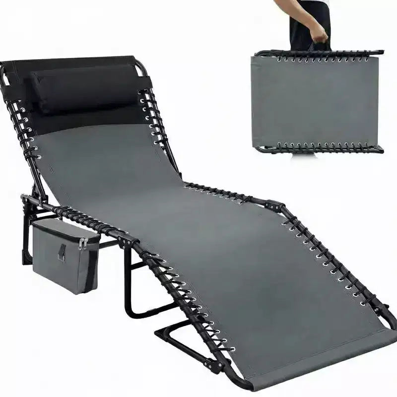 Chaise de plage pliable avec ouverture, oreiller et poches latérales