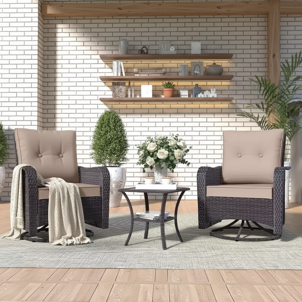 Table et chaises de salle à manger rotatives en rotin d'extérieur